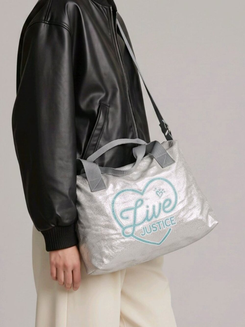 Justice ✦ Silver Crackle Metallic Duffel Bag ✦ Gray Strap Live Justice Logo
